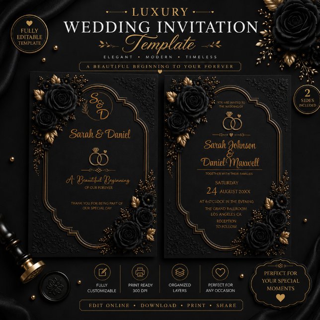Invitation Modèle d'invitation de mariage luxe noir or 3D (Créateur téléchargé)