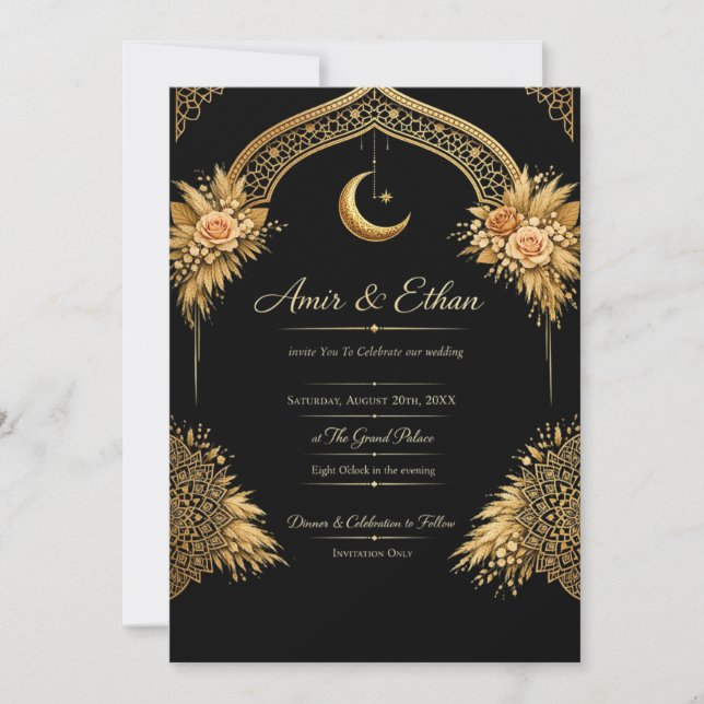 Invitation Modèle d'invitation de mariage noir et or | Luxur (Devant)