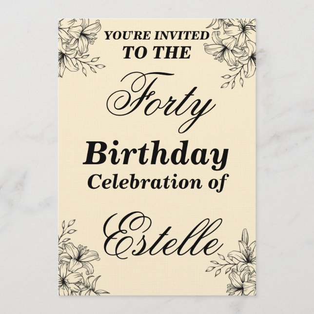 Invitation Modèle d'invitation élégant floral pour 40e annive (Devant)