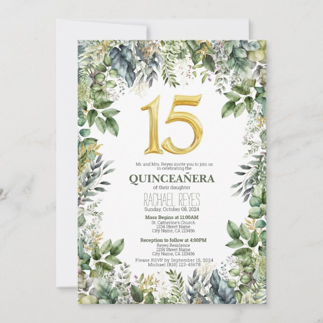 Invitation Modèle d'invitation Quinceañera avec verdure (Devant)