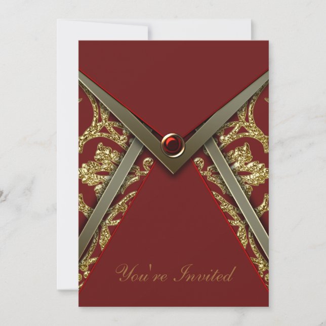 Invitation Modèle d'invitation Red Damask Gold Party (Devant)