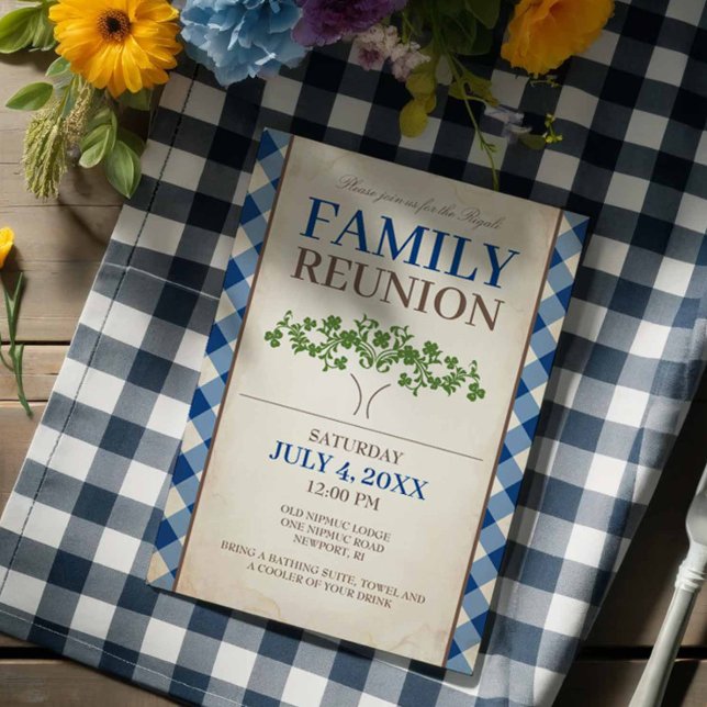 Invitation Modèle d'invitations pour réunion de famille (Family reunion invitations blue gingham and tree.)