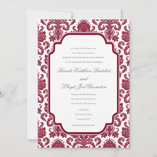 Invitation Modèle du modèle Damask Mariage de Bourgogne (Devant)