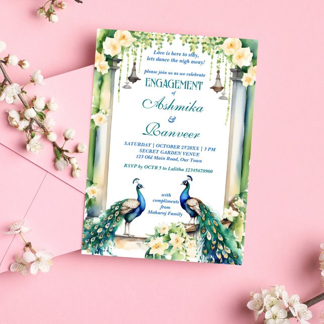 Invitation Modèle fiançailles indien Peacock et jasmine (Peacock and jasmine Indian wedding engagement template editable invitation instant digital download)
