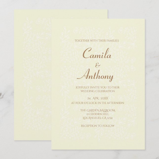 Invitation Modèle Floral Blanc Beige Imprimer Mariage Bordure (Devant / Derrière)