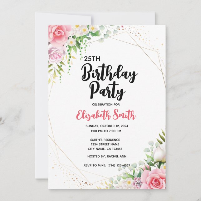Invitation Modèle floral de fête d'anniversaire modifiable po (Devant)