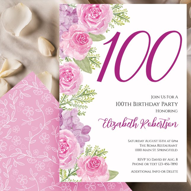 Invitation Modèle floral de roses roses pour 100e anniversair (Créateur téléchargé)