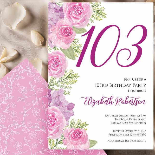 Invitation Modèle floral de roses roses pour 103e anniversair (Créateur téléchargé)