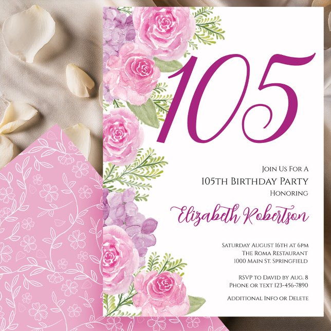 Invitation Modèle floral de roses roses pour 105e anniversair (Créateur téléchargé)