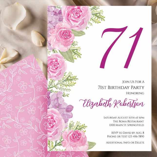 Invitation Modèle floral de roses roses pour 71e anniversaire (Créateur téléchargé)