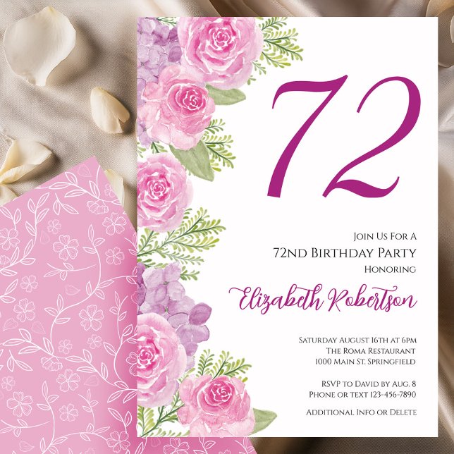 Invitation Modèle floral de roses roses pour 72e anniversaire (Créateur téléchargé)