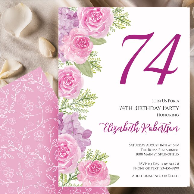 Invitation Modèle floral de roses roses pour 74e anniversaire (Créateur téléchargé)