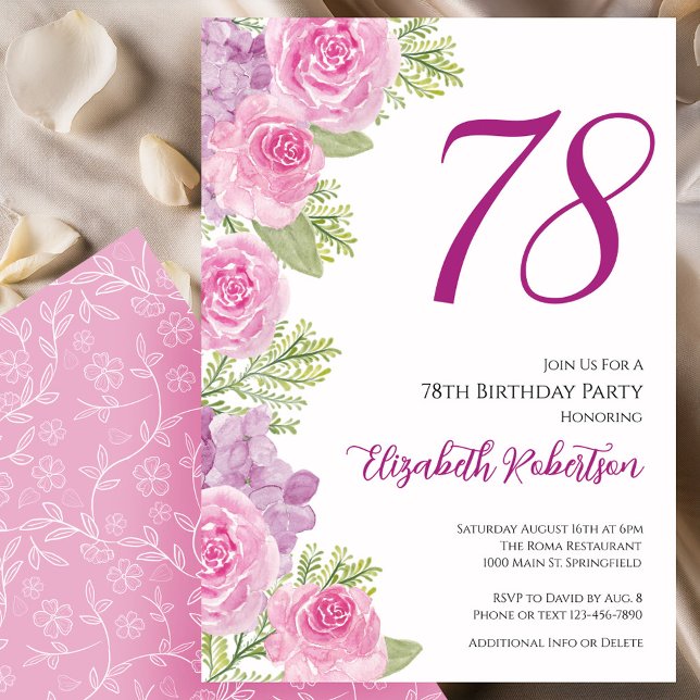 Invitation Modèle floral de roses roses pour 78e anniversaire (Créateur téléchargé)