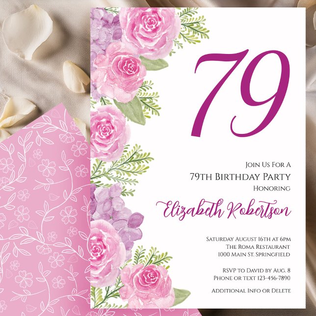 Invitation Modèle floral de roses roses pour 79e anniversaire (Créateur téléchargé)