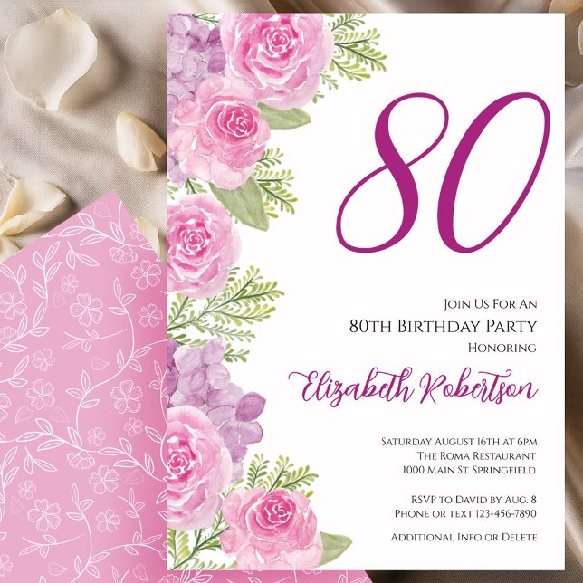 Invitation Modèle floral de roses roses pour 80e anniversaire (Créateur téléchargé)