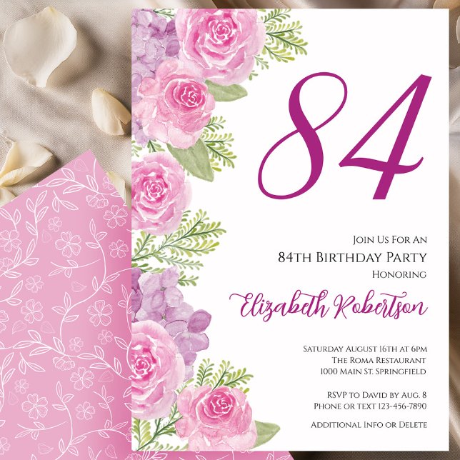 Invitation Modèle floral de roses roses pour 84e anniversaire (Créateur téléchargé)