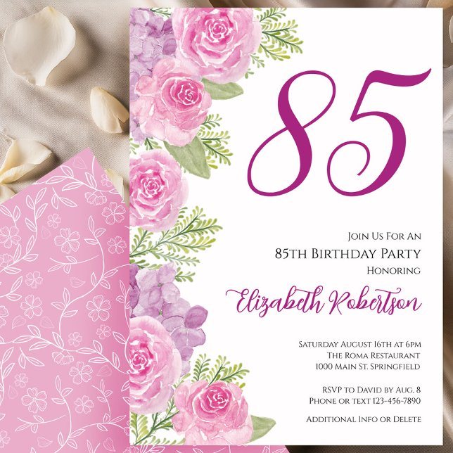 Invitation Modèle floral de roses roses pour 85e anniversaire (Créateur téléchargé)