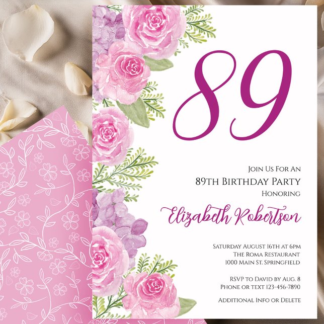 Invitation Modèle floral de roses roses pour 89e anniversaire (Créateur téléchargé)