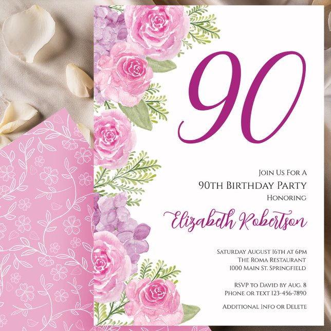 Invitation Modèle floral de roses roses pour 90e anniversaire (Créateur téléchargé)