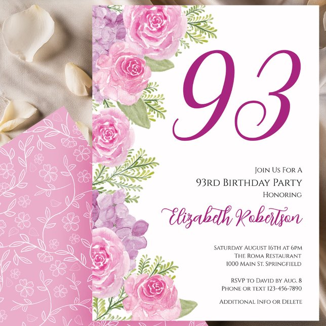 Invitation Modèle floral de roses roses pour 93e anniversaire (Créateur téléchargé)