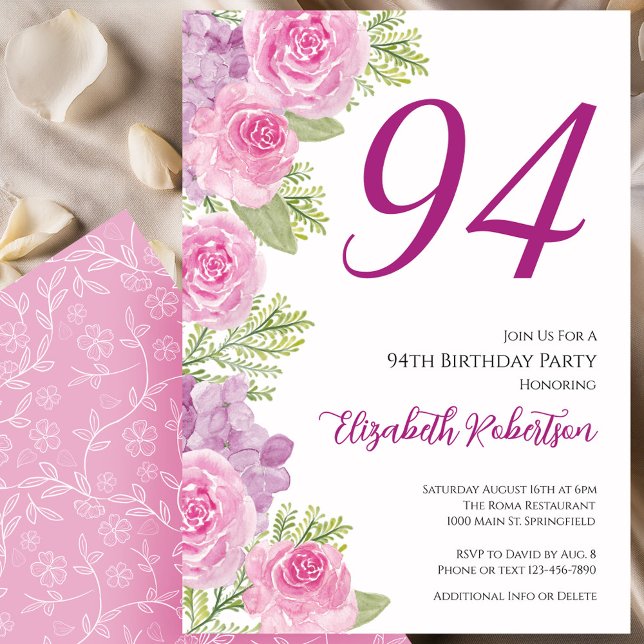 Invitation Modèle floral de roses roses pour 94e anniversaire (Créateur téléchargé)
