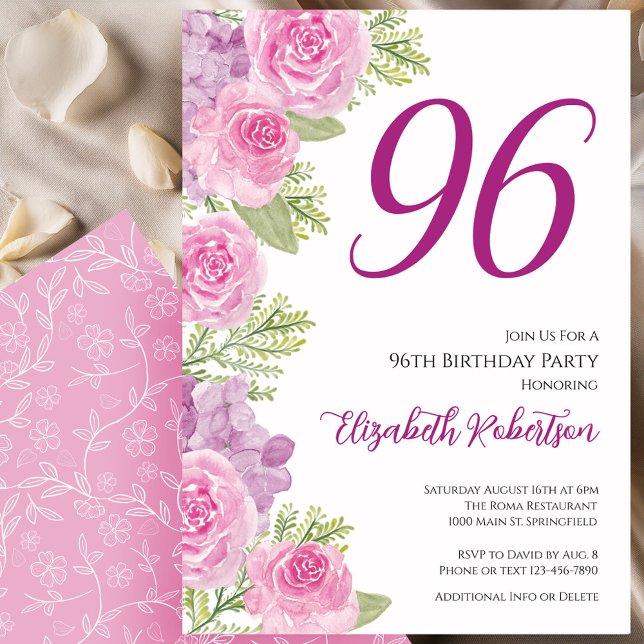 Invitation Modèle floral de roses roses pour 96e anniversaire (Créateur téléchargé)