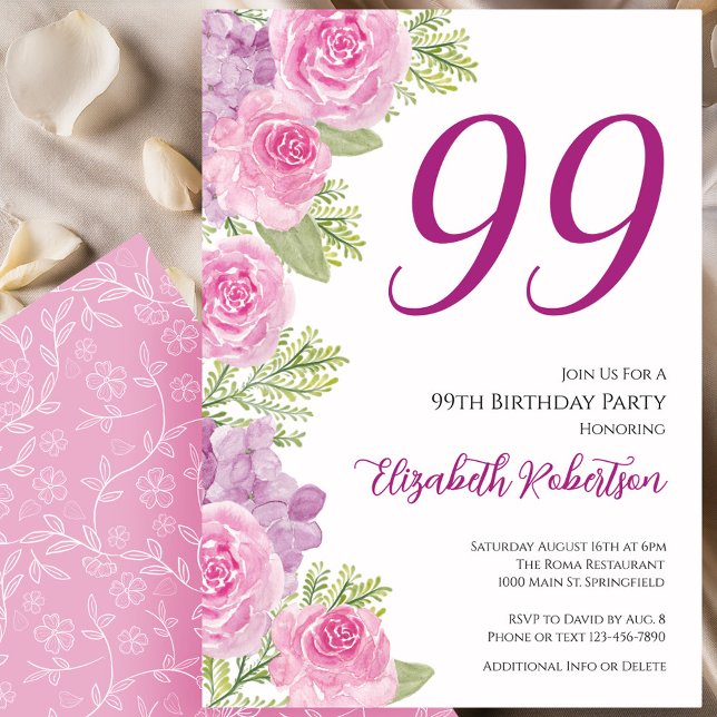 Invitation Modèle floral de roses roses pour 99e anniversaire (Créateur téléchargé)