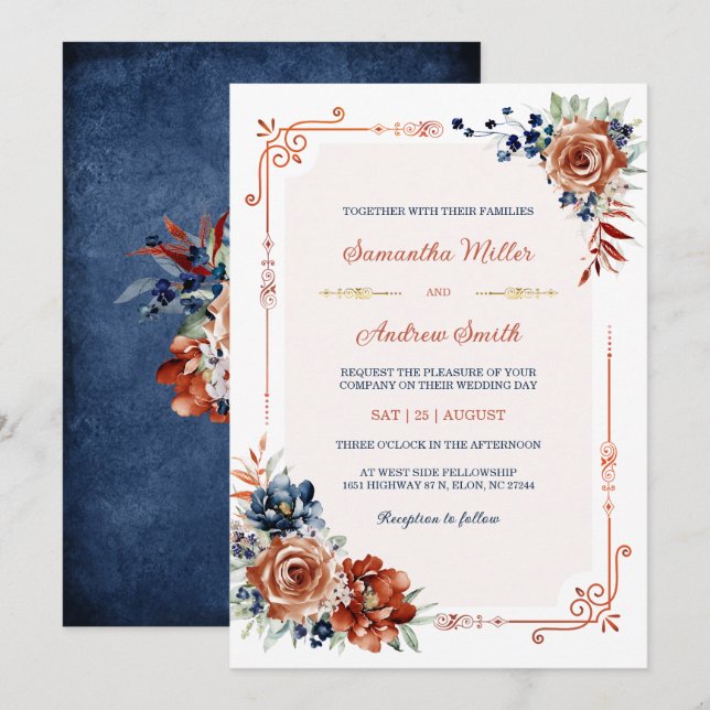 Invitation Modèle Mariage bleu marine et orange brûlé or (Devant / Derrière)