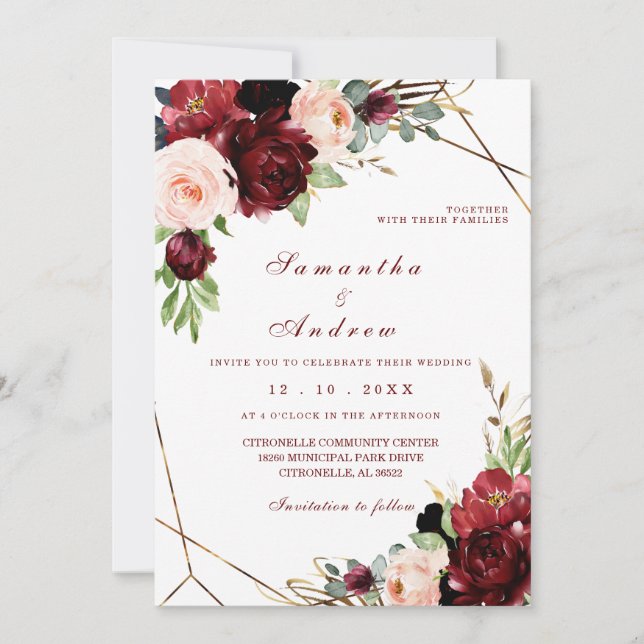 Invitation Modèle Mariage de Bourgogne et Blush (Devant)