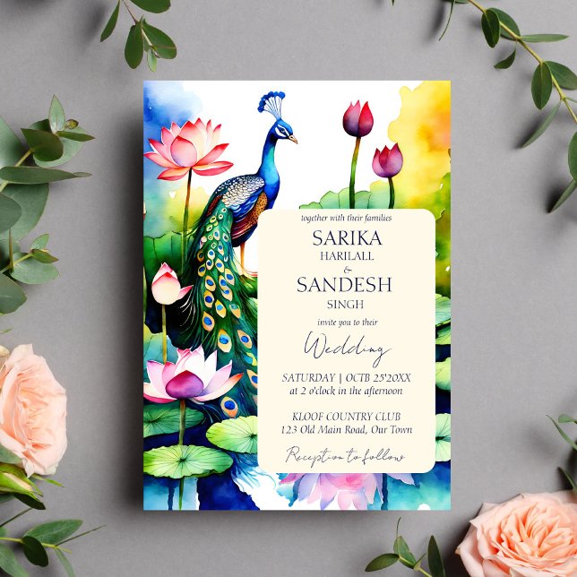 Invitation Modèle mariage de fleurs de lotus de paon (Peacock lotus flowers wedding editable template invitation instant digital download watercolor pond)