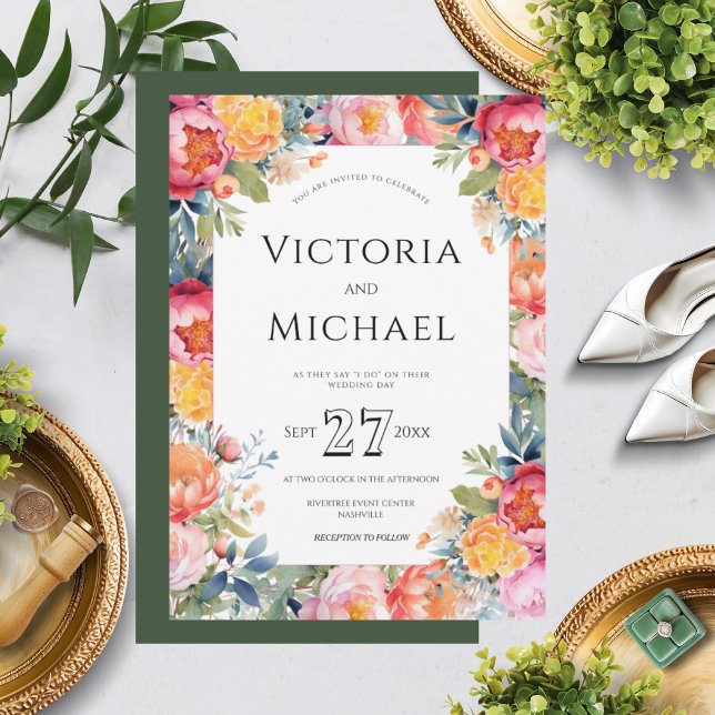 Invitation Modèle Mariage moderne Floral Peony rose (Créateur téléchargé)