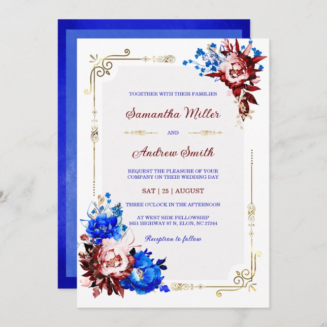Invitation Modèle Mariage Royal Blue et Bourgogne (Devant / Derrière)
