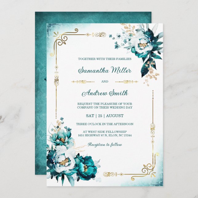 Invitation Modèle Mariage turquoise et Gold (Devant / Derrière)