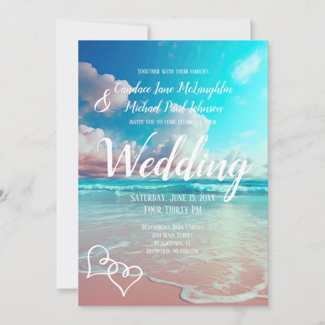 Invitation Modèle Mariage Turquoise Ocean Beach Heart (Devant)