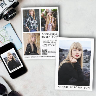 Invitation Modèle moderne Acteur QR Code 4 Photo Comp Card