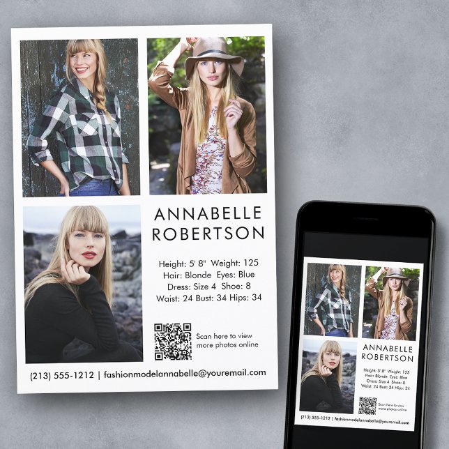 Invitation Modèle moderne Actor 3 Photos QR Code Comp Card (Customize to change background color, text size, style or to add more photos to back of card.)