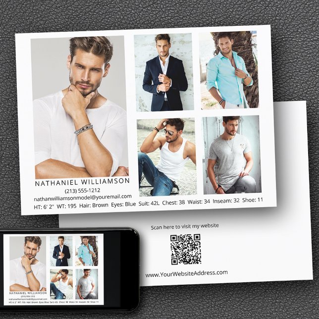 Invitation Modèle moderne Actor 5 Photos QR Code Back Comp Ca (Customize to change background color, text size, style or to add more photos to back of card.)
