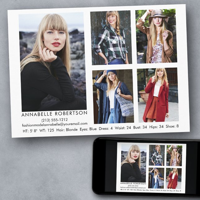 Invitation Modèle moderne et Actor 5 photo Comp Card (Customize to change background color, text size, style or to add more photos to back of card.)