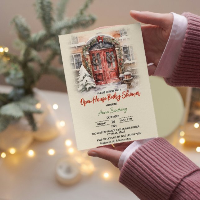 Invitation modèle modifiable de maison ouverte de Noël shower (open house baby shower mother to be christmas for her, festive fun party elegant winter holiday )
