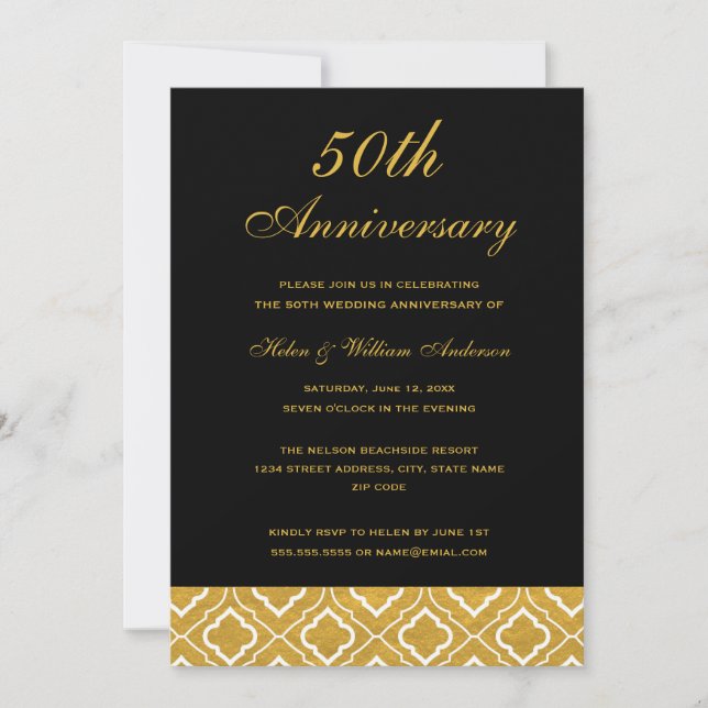 Invitation Modèle noir or 50e anniversaire de mariage (Devant)