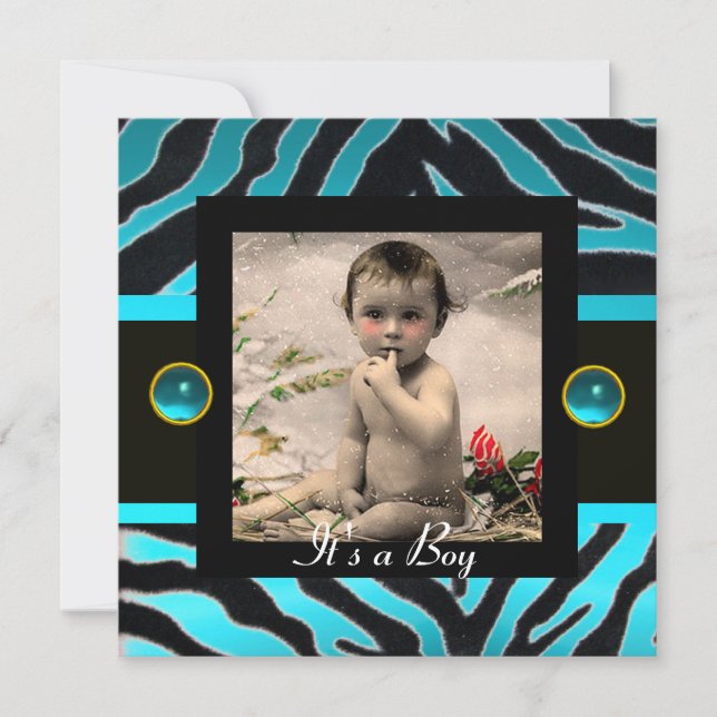 Invitation MODÈLE PHOTO de monogramme BLEU BLEU BLACK ZEBRA F (Devant)