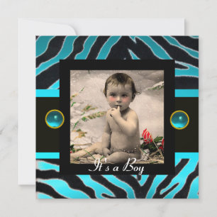 Invitation MODÈLE PHOTO de monogramme BLEU BLEU BLACK ZEBRA F