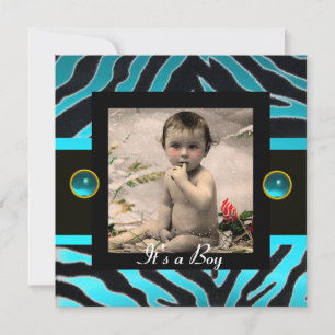 Invitation MODÈLE PHOTO de monogramme BLEU BLEU BLACK ZEBRA F