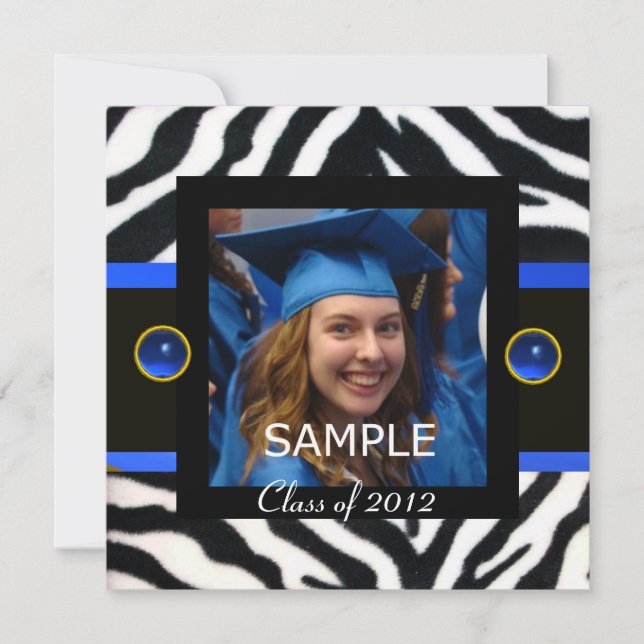 Invitation MODÈLE PHOTO de monogramme BLEU BLEU BLACK ZEBRA F (Devant)