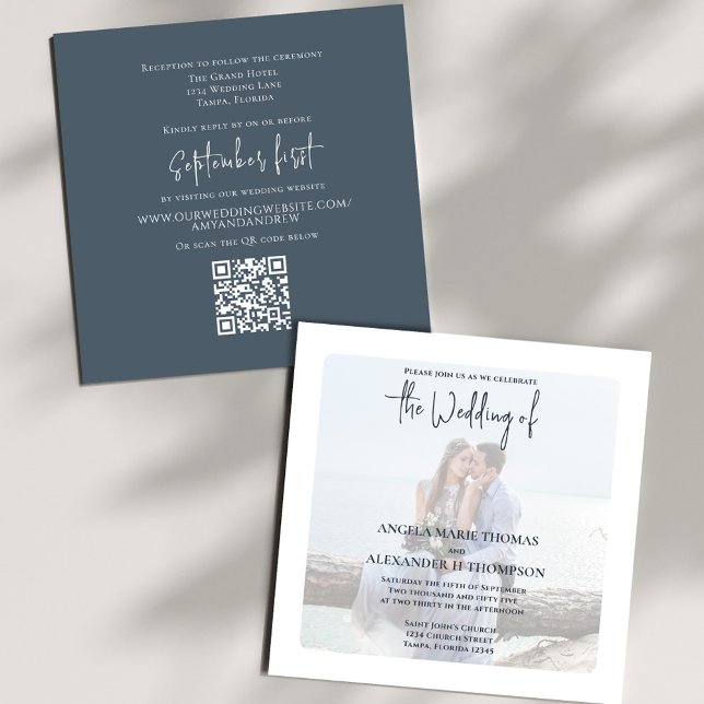Invitation Modèle photo simple Mariage élégant (Elegant photo dark slate blue wedding invitation with a scannable QR code.)