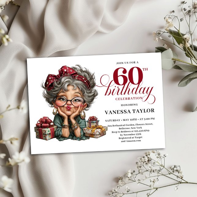 Invitation modèle pour les 60 ans d'une dame drôle (Quirky Funny Lady 60th Birthday Invite Template)