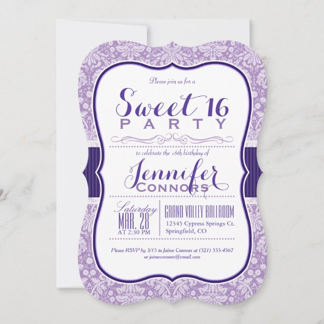 Invitation Modèle pourpre Damask; Sweet 16 Anniversaire (Devant)