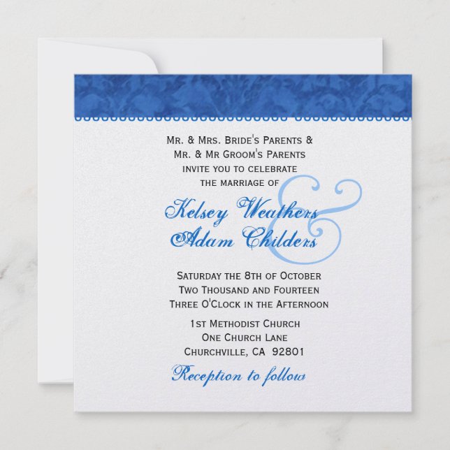 Invitation Modèle Royal Blue and White Mariage damassé (Devant)