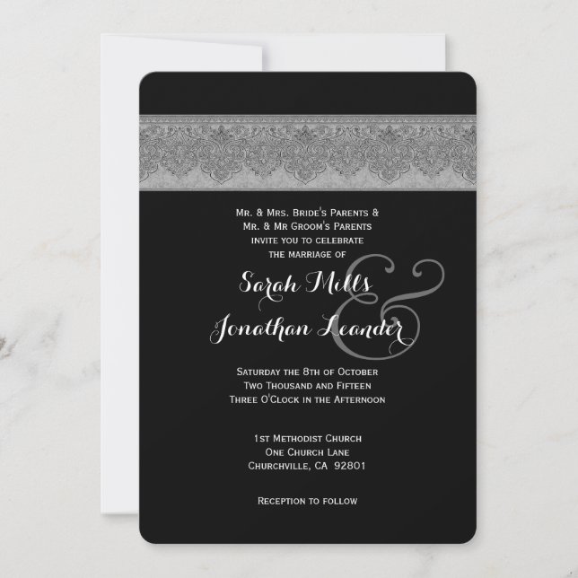 Invitation Modèle Silver Grey et Black Mariage damassé V07 (Devant)