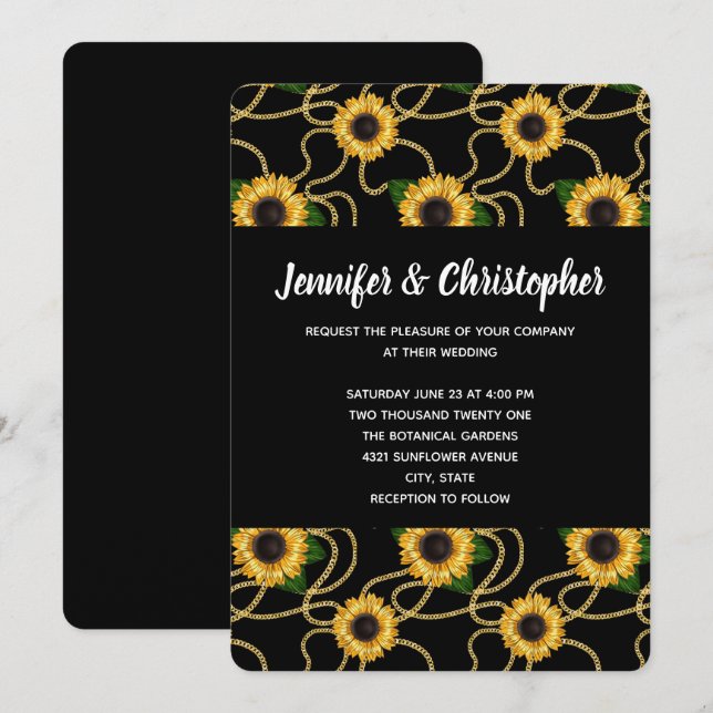 Invitation Modèle Tournesols Jaunes sur Fond Noir de Mariage (Devant / Derrière)